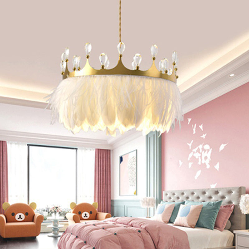 Gold Crown Chandelier Lighting Artistic 1-Head Feather Suspension Light with K9 Crystal Deco Clearhalo 'Ceiling Lights' 'Modern Pendants' 'Modern' 'Pendant Lights' 'Pendants' Lighting' 2373212