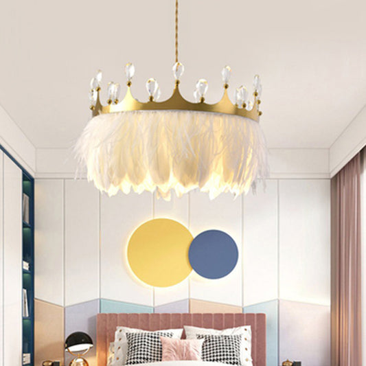Gold Crown Chandelier Lighting Artistic 1-Head Feather Suspension Light with K9 Crystal Deco Clearhalo 'Ceiling Lights' 'Modern Pendants' 'Modern' 'Pendant Lights' 'Pendants' Lighting' 2373214