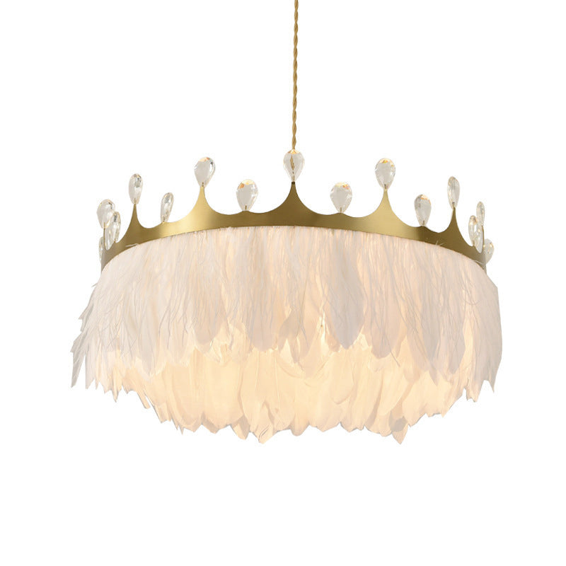 Gold Crown Chandelier Lighting Artistic 1-Head Feather Suspension Light with K9 Crystal Deco Clearhalo 'Ceiling Lights' 'Modern Pendants' 'Modern' 'Pendant Lights' 'Pendants' Lighting' 2373215
