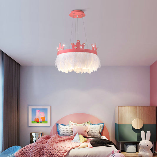 Crown Shaped Girls Room Chandelier Feather 2-Light Nordic Style Hanging Light Kit Pink Clearhalo 'Ceiling Lights' 'Chandeliers' 'Modern Chandeliers' 'Modern' Lighting' 2373216
