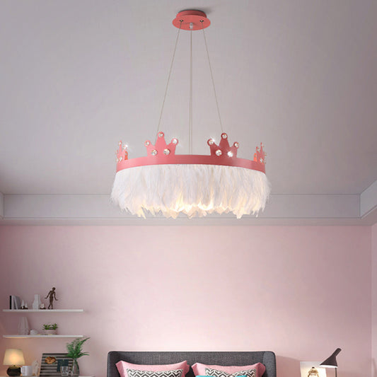 Crown Shaped Girls Room Chandelier Feather 2-Light Nordic Style Hanging Light Kit Pink 22" Clearhalo 'Ceiling Lights' 'Chandeliers' 'Modern Chandeliers' 'Modern' Lighting' 2373217