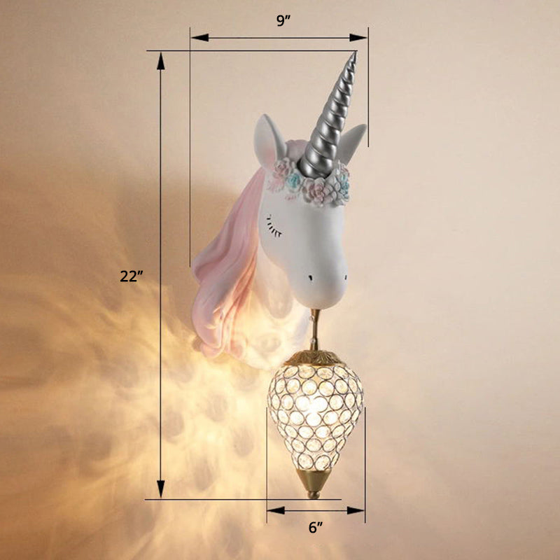 Crystal Droplet Wall Mount Light Cartoon 1-Bulb Sconce Fixture with Unicorn Deco for Kids Room Pink Left Clearhalo 'Wall Lamps & Sconces' 'Wall Lights' Lighting' 2373222