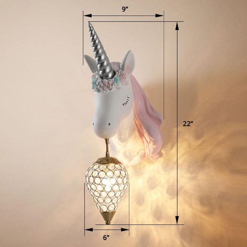 Crystal Droplet Wall Mount Light Cartoon 1-Bulb Sconce Fixture with Unicorn Deco for Kids Room Pink Right Clearhalo 'Wall Lamps & Sconces' 'Wall Lights' Lighting' 2373223