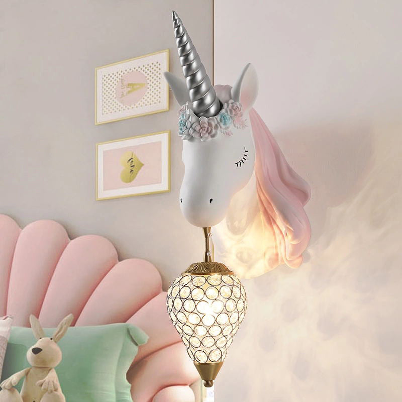 Crystal Droplet Wall Mount Light Cartoon 1-Bulb Sconce Fixture with Unicorn Deco for Kids Room Clearhalo 'Wall Lamps & Sconces' 'Wall Lights' Lighting' 2373224