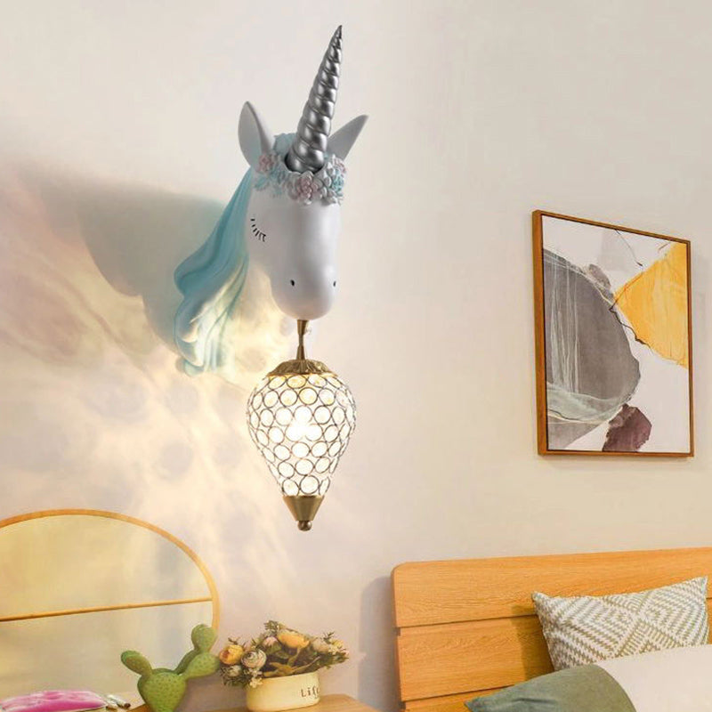 Crystal Droplet Wall Mount Light Cartoon 1-Bulb Sconce Fixture with Unicorn Deco for Kids Room Blue Left Clearhalo 'Wall Lamps & Sconces' 'Wall Lights' Lighting' 2373225