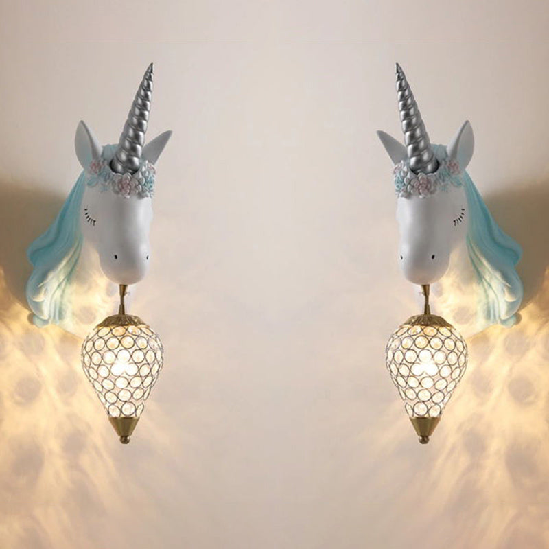 Crystal Droplet Wall Mount Light Cartoon 1-Bulb Sconce Fixture with Unicorn Deco for Kids Room Clearhalo 'Wall Lamps & Sconces' 'Wall Lights' Lighting' 2373226