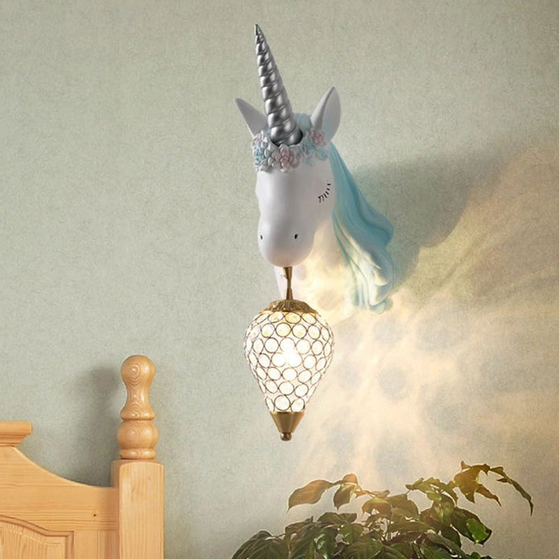 Crystal Droplet Wall Mount Light Cartoon 1-Bulb Sconce Fixture with Unicorn Deco for Kids Room Blue Right Clearhalo 'Wall Lamps & Sconces' 'Wall Lights' Lighting' 2373227