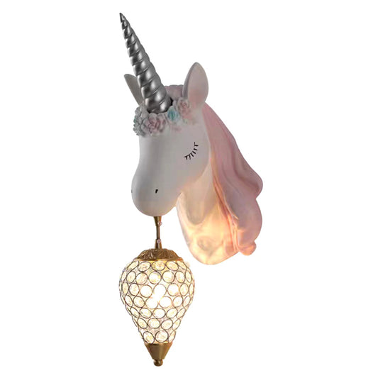 Crystal Droplet Wall Mount Light Cartoon 1-Bulb Sconce Fixture with Unicorn Deco for Kids Room Clearhalo 'Wall Lamps & Sconces' 'Wall Lights' Lighting' 2373229