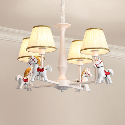 Carousel Child Room Pendant Light Resin Cartoon Chandelier with Tapered Fabric Shade in White 4 White Clearhalo 'Ceiling Lights' 'Chandeliers' Lighting' 2373272