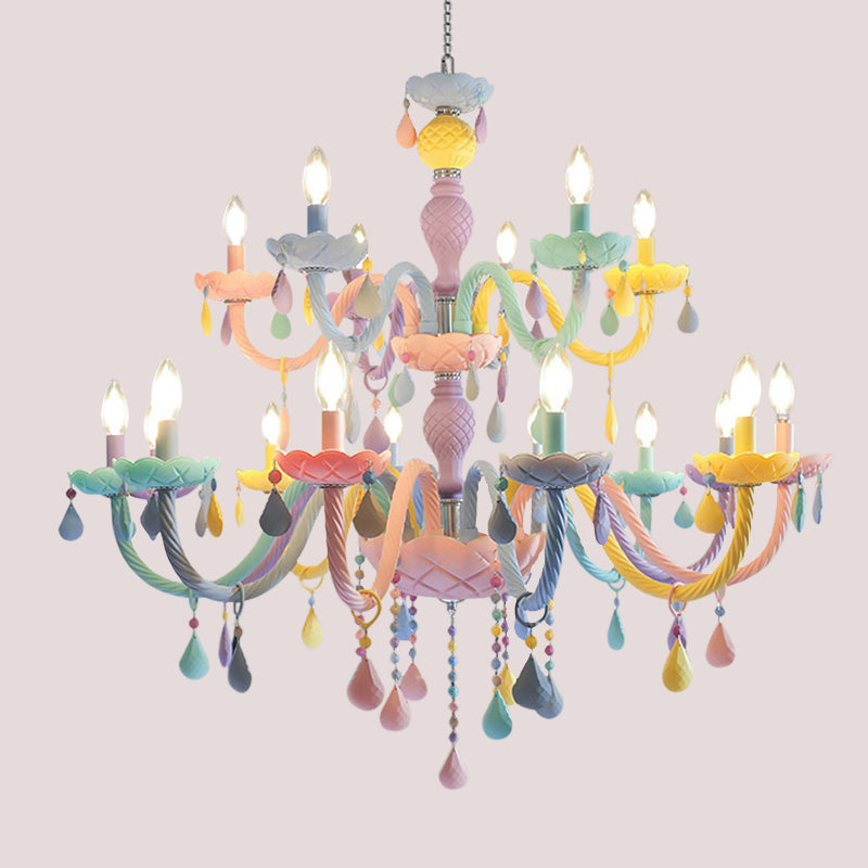 Pink Candle Style Hanging Light Kids Multicolored Glass Chandelier for Baby Room Clearhalo 'Ceiling Lights' 'Chandeliers' 'Close To Ceiling Lights' 'Glass shade' 'Glass' 'Pendant Lights' Lighting' 2373277