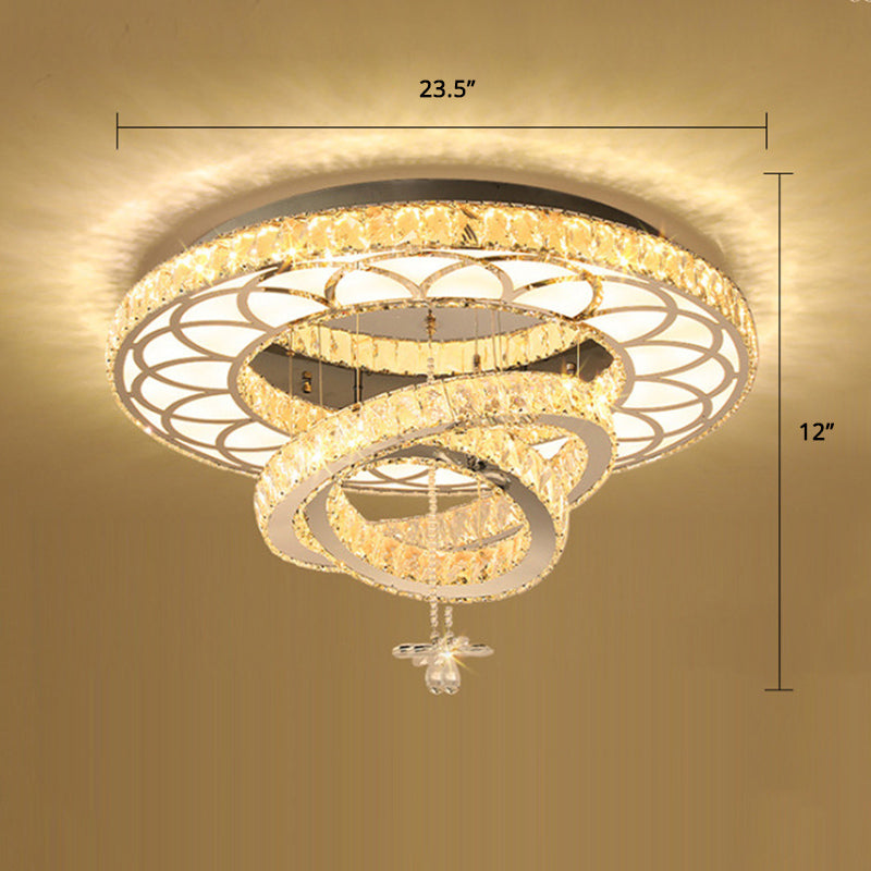 Silver Rings Ceiling Flush Light Contemporary Crystal LED Flush Mount Light Fixture for Bedroom Silver 23.5" Round Clearhalo 'Ceiling Lights' 'Close To Ceiling Lights' 'Close to ceiling' Lighting' 2373292