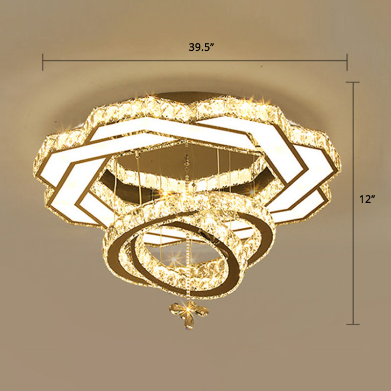 Silver Rings Ceiling Flush Light Contemporary Crystal LED Flush Mount Light Fixture for Bedroom Silver 39.5" Flower Clearhalo 'Ceiling Lights' 'Close To Ceiling Lights' 'Close to ceiling' Lighting' 2373295