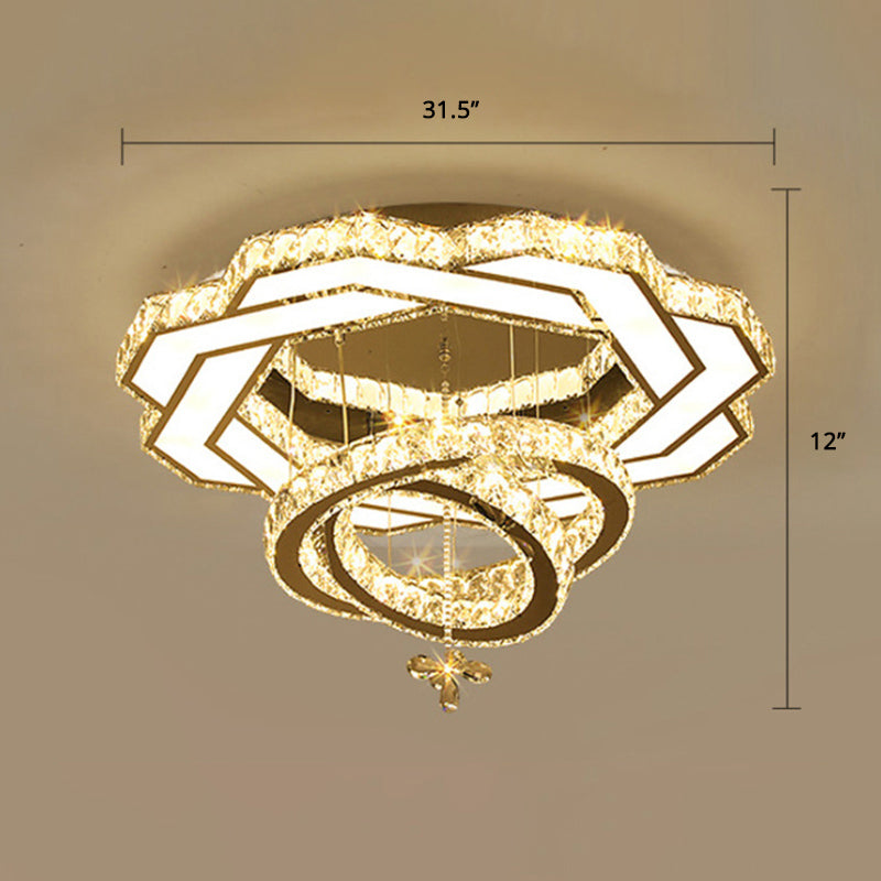 Silver Rings Ceiling Flush Light Contemporary Crystal LED Flush Mount Light Fixture for Bedroom Silver 31.5" Flower Clearhalo 'Ceiling Lights' 'Close To Ceiling Lights' 'Close to ceiling' Lighting' 2373296