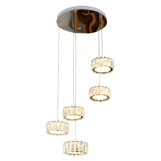 Round Dining Room Ceiling Light Beveled Cut K9 Crystal Minimalist LED Multi Pendant in Clear 5 Clear Clearhalo 'Ceiling Lights' 'Modern Pendants' 'Modern' 'Pendant Lights' 'Pendants' Lighting' 2373327