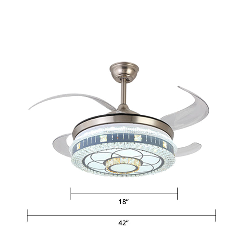 Crystal Round Hanging Fan Light Minimalist Blue Remote Control LED Semi Flush Light with 4 Blades, 42" W Clearhalo 'Ceiling Fans with Lights' 'Ceiling Fans' 'Modern Ceiling Fans' 'Modern' Lighting' 2373334