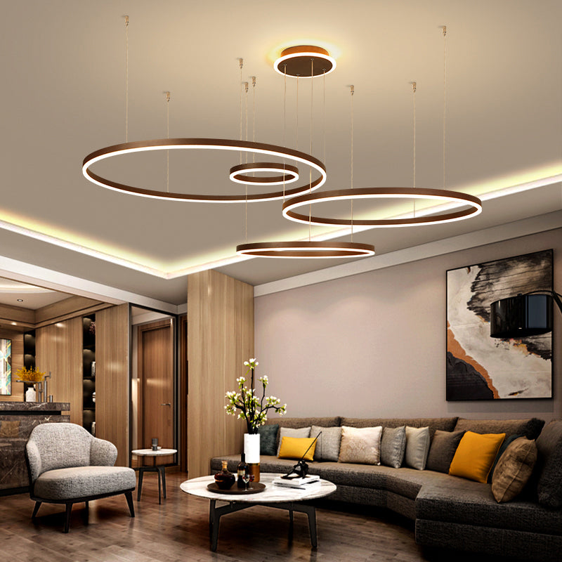 Aluminum Loop Shaped Chandelier Artistic Coffee LED Hanging Light for Living Room Coffee 4 Tiers 39" Clearhalo 'Ceiling Lights' 'Chandeliers' 'Modern Chandeliers' 'Modern' Lighting' 2373344