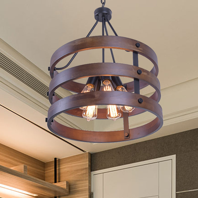 Cylinder Cage Restaurant Pendant Lamp Lodge Style Metal and Wood 1 Light Brown Hanging Light with Adjustable Chain Clearhalo 'Cast Iron' 'Ceiling Lights' 'Chandeliers' 'Industrial Chandeliers' 'Industrial' 'Metal' 'Middle Century Chandeliers' 'Rustic Chandeliers' 'Tiffany' Lighting' 237335
