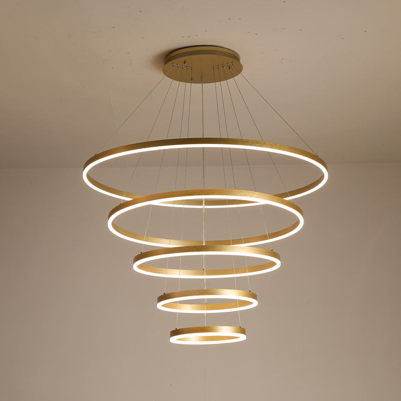 Art Deco Tiered Rings Chandelier Aluminum Living Room LED Suspension Lighting in Gold Gold 5 Tiers Clearhalo 'Ceiling Lights' 'Chandeliers' 'Modern Chandeliers' 'Modern' Lighting' 2373364