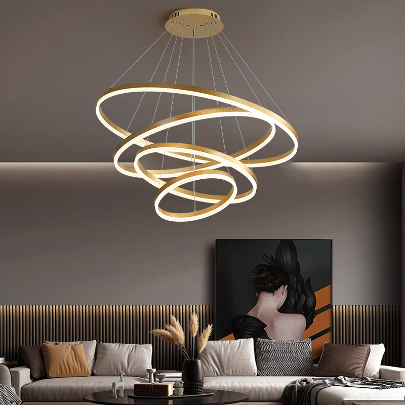Art Deco Tiered Rings Chandelier Aluminum Living Room LED Suspension Lighting in Gold Gold 4 Tiers Clearhalo 'Ceiling Lights' 'Chandeliers' 'Modern Chandeliers' 'Modern' Lighting' 2373366