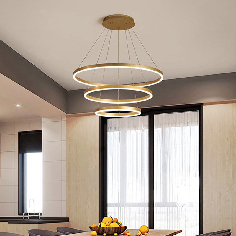 Art Deco Tiered Rings Chandelier Aluminum Living Room LED Suspension Lighting in Gold Gold 3 Tiers Clearhalo 'Ceiling Lights' 'Chandeliers' 'Modern Chandeliers' 'Modern' Lighting' 2373367