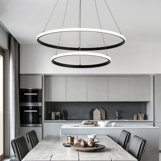 Outer Glowing Ring Shaped Hanging Light Artistic Aluminum LED Chandelier for Restaurant Black 2 Tiers Clearhalo 'Ceiling Lights' 'Chandeliers' 'Modern Chandeliers' 'Modern' Lighting' 2373375