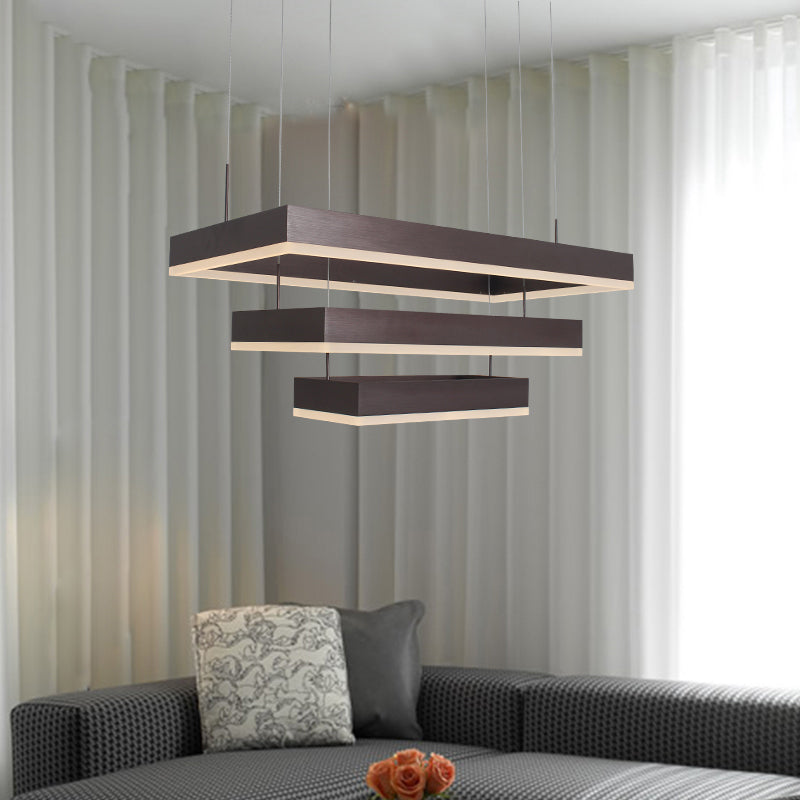 Coffee 3-Tier Rectangle Chandelier Modern Aluminum LED Hanging Light for Dining Room Clearhalo 'Ceiling Lights' 'Chandeliers' 'Modern Chandeliers' 'Modern' Lighting' 2373416