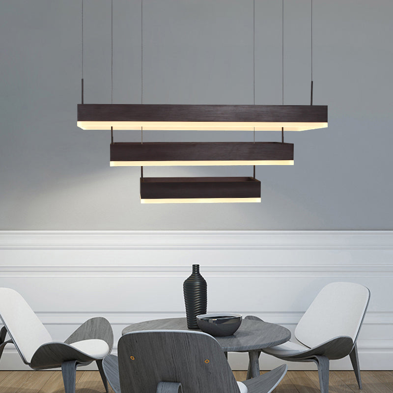 Coffee 3-Tier Rectangle Chandelier Modern Aluminum LED Hanging Light for Dining Room Clearhalo 'Ceiling Lights' 'Chandeliers' 'Modern Chandeliers' 'Modern' Lighting' 2373417