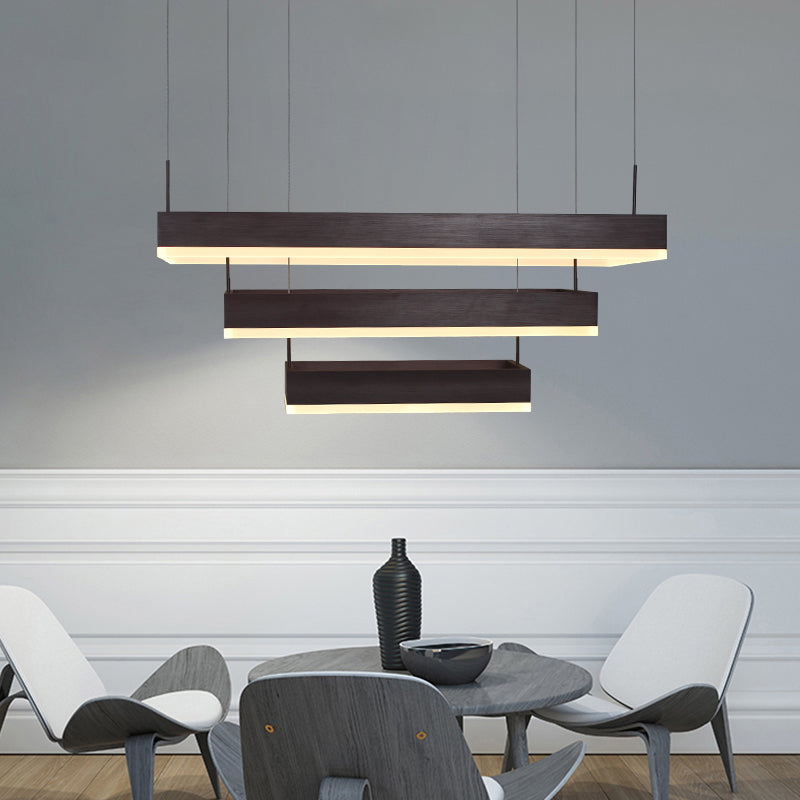 Coffee 3-Tier Rectangle Chandelier Modern Aluminum LED Hanging Light for Dining Room Clearhalo 'Ceiling Lights' 'Chandeliers' 'Modern Chandeliers' 'Modern' Lighting' 2373417