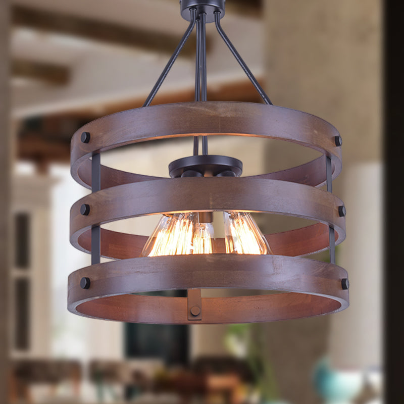 Cylinder Cage Restaurant Pendant Lamp Lodge Style Metal and Wood 1 Light Brown Hanging Light with Adjustable Chain Brown Clearhalo 'Cast Iron' 'Ceiling Lights' 'Chandeliers' 'Industrial Chandeliers' 'Industrial' 'Metal' 'Middle Century Chandeliers' 'Rustic Chandeliers' 'Tiffany' Lighting' 237342