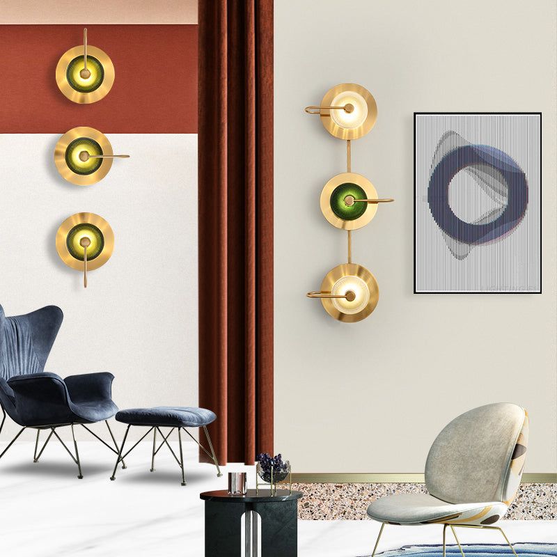 Glass Disc Wall Sconce Postmodern Brushed Gold Wall Mounted Lamp for Living Room Clearhalo 'Cast Iron' 'Glass' 'Industrial' 'Modern wall lights' 'Modern' 'Tiffany' 'Traditional wall lights' 'Wall Lamps & Sconces' 'Wall Lights' Lighting' 2373434
