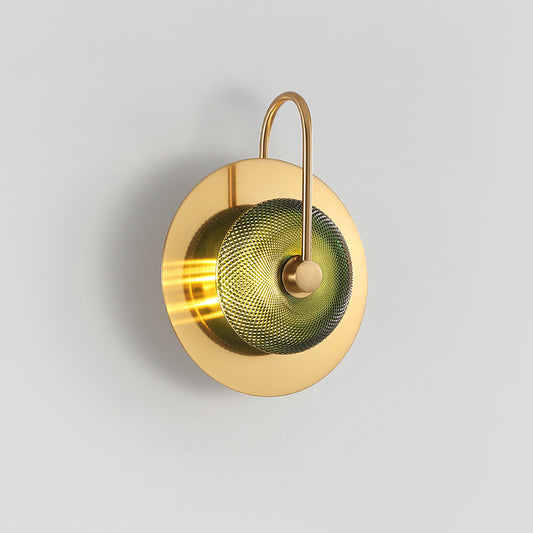 Glass Disc Wall Sconce Postmodern Brushed Gold Wall Mounted Lamp for Living Room 1.0 Gold Clearhalo 'Cast Iron' 'Glass' 'Industrial' 'Modern wall lights' 'Modern' 'Tiffany' 'Traditional wall lights' 'Wall Lamps & Sconces' 'Wall Lights' Lighting' 2373435
