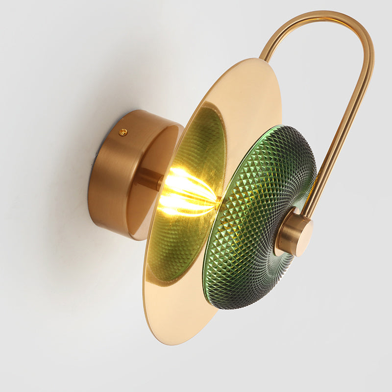 Glass Disc Wall Sconce Postmodern Brushed Gold Wall Mounted Lamp for Living Room Clearhalo 'Cast Iron' 'Glass' 'Industrial' 'Modern wall lights' 'Modern' 'Tiffany' 'Traditional wall lights' 'Wall Lamps & Sconces' 'Wall Lights' Lighting' 2373439