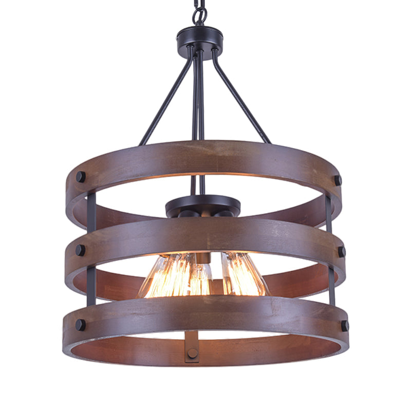 Cylinder Cage Restaurant Pendant Lamp Lodge Style Metal and Wood 1 Light Brown Hanging Light with Adjustable Chain Clearhalo 'Cast Iron' 'Ceiling Lights' 'Chandeliers' 'Industrial Chandeliers' 'Industrial' 'Metal' 'Middle Century Chandeliers' 'Rustic Chandeliers' 'Tiffany' Lighting' 237345