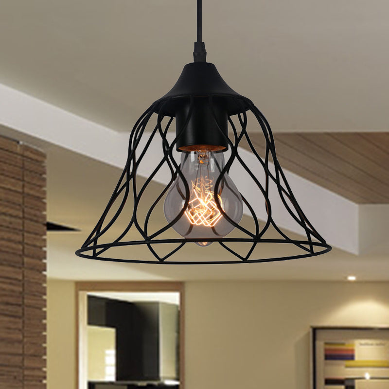 1 Light Hanging Light with Bell Cage Shade Metallic Industrial Style Restaurant Pendant Lamp in Black Black Clearhalo 'Art Deco Pendants' 'Black' 'Cast Iron' 'Ceiling Lights' 'Ceramic' 'Crystal' 'Industrial Pendants' 'Industrial' 'Metal' 'Middle Century Pendants' 'Pendant Lights' 'Pendants' 'Rustic Pendants' 'Tiffany' Lighting' 237356