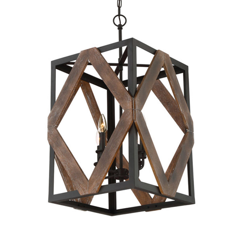4 Light Rectangle Cage Hanging Lamp Lodge Style Black Metal Pendant Light with Rhombus Wood Shape Clearhalo 'Cast Iron' 'Ceiling Lights' 'Chandeliers' 'Industrial Chandeliers' 'Industrial' 'Metal' 'Middle Century Chandeliers' 'Rustic Chandeliers' 'Tiffany' Lighting' 237362
