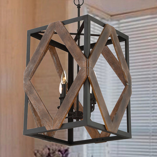 4 Light Rectangle Cage Hanging Lamp Lodge Style Black Metal Pendant Light with Rhombus Wood Shape Black Clearhalo 'Cast Iron' 'Ceiling Lights' 'Chandeliers' 'Industrial Chandeliers' 'Industrial' 'Metal' 'Middle Century Chandeliers' 'Rustic Chandeliers' 'Tiffany' Lighting' 237365