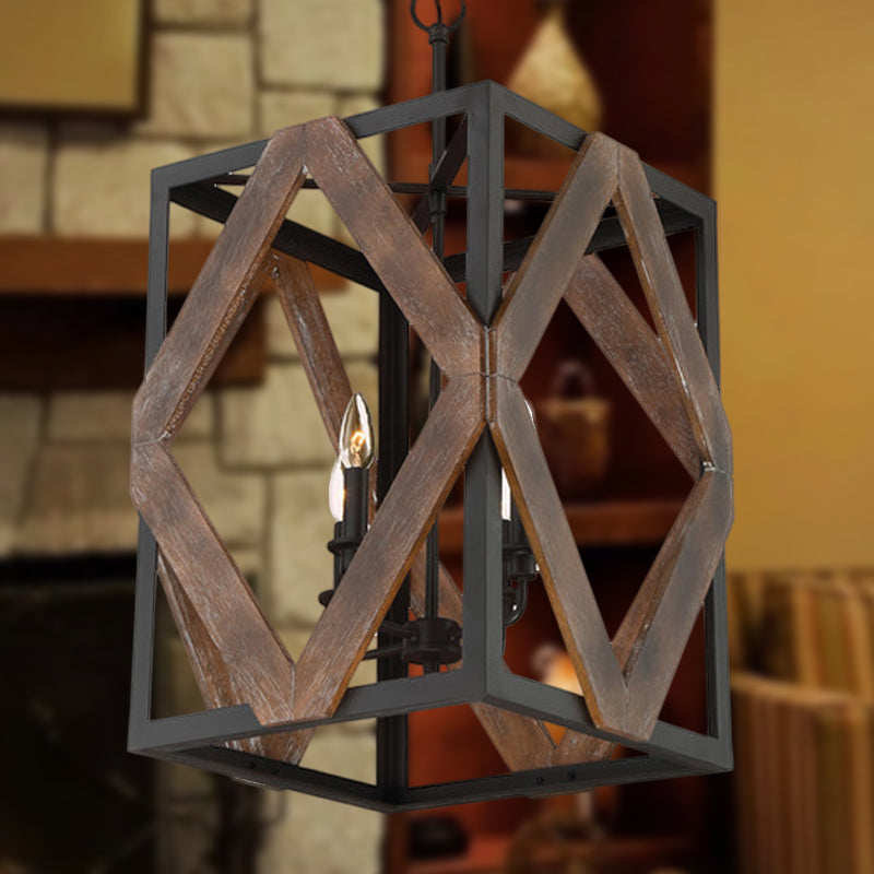 4 Light Rectangle Cage Hanging Lamp Lodge Style Black Metal Pendant Light with Rhombus Wood Shape Clearhalo 'Cast Iron' 'Ceiling Lights' 'Chandeliers' 'Industrial Chandeliers' 'Industrial' 'Metal' 'Middle Century Chandeliers' 'Rustic Chandeliers' 'Tiffany' Lighting' 237367