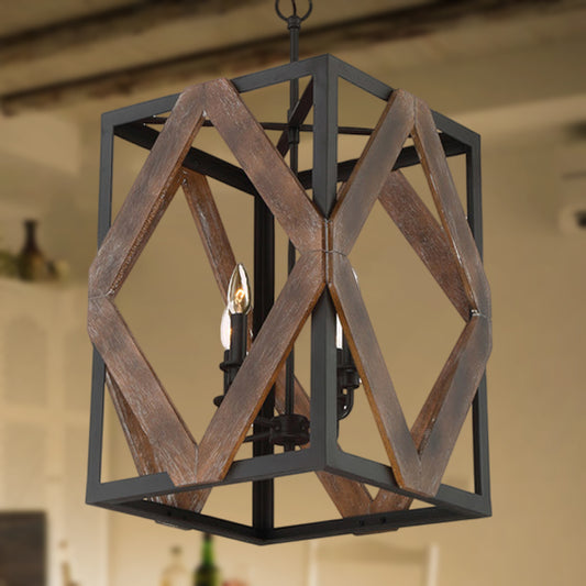 4 Light Rectangle Cage Hanging Lamp Lodge Style Black Metal Pendant Light with Rhombus Wood Shape Clearhalo 'Cast Iron' 'Ceiling Lights' 'Chandeliers' 'Industrial Chandeliers' 'Industrial' 'Metal' 'Middle Century Chandeliers' 'Rustic Chandeliers' 'Tiffany' Lighting' 237368
