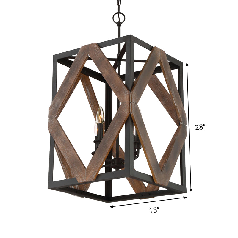 4 Light Rectangle Cage Hanging Lamp Lodge Style Black Metal Pendant Light with Rhombus Wood Shape Clearhalo 'Cast Iron' 'Ceiling Lights' 'Chandeliers' 'Industrial Chandeliers' 'Industrial' 'Metal' 'Middle Century Chandeliers' 'Rustic Chandeliers' 'Tiffany' Lighting' 237370