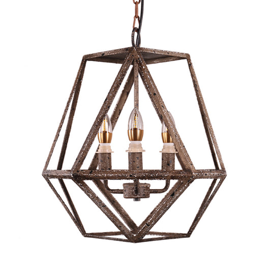 Metal Prismatic Cage Pendant Lamp Rustic Stylish 3 Heads Living Room Chandelier Light Fixture with Adjustable Chain in Rust Clearhalo 'Cast Iron' 'Ceiling Lights' 'Chandeliers' 'Industrial Chandeliers' 'Industrial' 'Metal' 'Middle Century Chandeliers' 'Rustic Chandeliers' 'Tiffany' Lighting' 237388