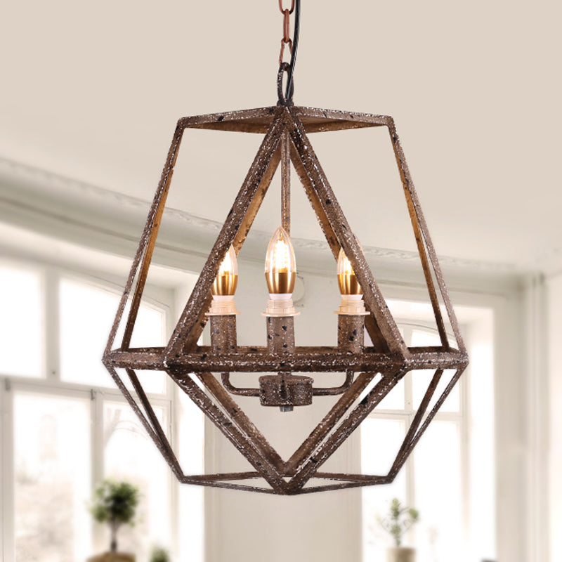 Metal Prismatic Cage Pendant Lamp Rustic Stylish 3 Heads Living Room Chandelier Light Fixture with Adjustable Chain in Rust Rust Clearhalo 'Cast Iron' 'Ceiling Lights' 'Chandeliers' 'Industrial Chandeliers' 'Industrial' 'Metal' 'Middle Century Chandeliers' 'Rustic Chandeliers' 'Tiffany' Lighting' 237390