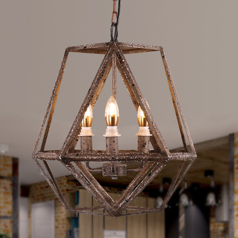 Metal Prismatic Cage Pendant Lamp Rustic Stylish 3 Heads Living Room Chandelier Light Fixture with Adjustable Chain in Rust Clearhalo 'Cast Iron' 'Ceiling Lights' 'Chandeliers' 'Industrial Chandeliers' 'Industrial' 'Metal' 'Middle Century Chandeliers' 'Rustic Chandeliers' 'Tiffany' Lighting' 237391