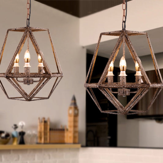 Metal Prismatic Cage Pendant Lamp Rustic Stylish 3 Heads Living Room Chandelier Light Fixture with Adjustable Chain in Rust Clearhalo 'Cast Iron' 'Ceiling Lights' 'Chandeliers' 'Industrial Chandeliers' 'Industrial' 'Metal' 'Middle Century Chandeliers' 'Rustic Chandeliers' 'Tiffany' Lighting' 237392