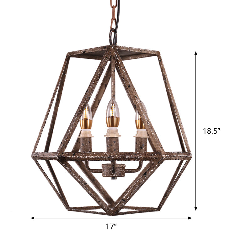 Metal Prismatic Cage Pendant Lamp Rustic Stylish 3 Heads Living Room Chandelier Light Fixture with Adjustable Chain in Rust Clearhalo 'Cast Iron' 'Ceiling Lights' 'Chandeliers' 'Industrial Chandeliers' 'Industrial' 'Metal' 'Middle Century Chandeliers' 'Rustic Chandeliers' 'Tiffany' Lighting' 237394