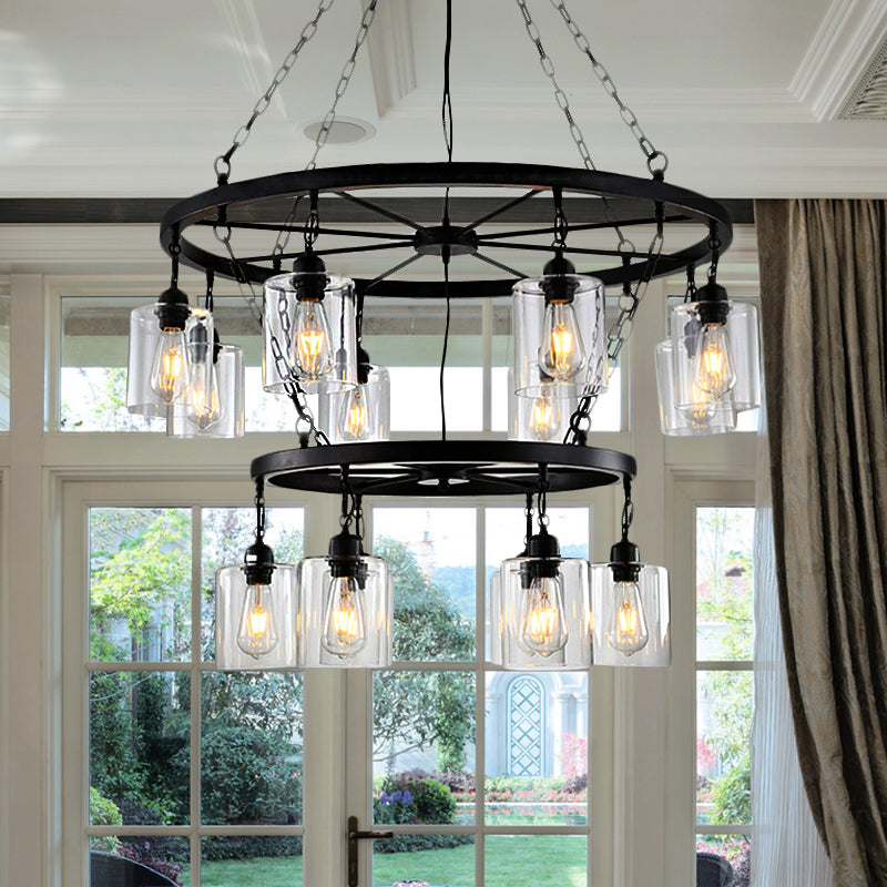 14 Lights Ceiling Light Traditional Two-Tiers Clear Glass Hanging Chandelier in Black with Cylinder Shade Clearhalo 'Ceiling Lights' 'Chandeliers' Lighting' options 237446