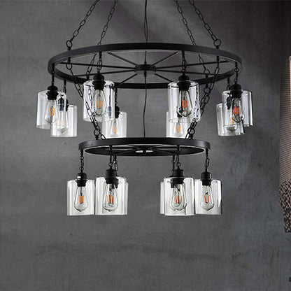 14 Lights Ceiling Light Traditional Two-Tiers Clear Glass Hanging Chandelier in Black with Cylinder Shade Black Clearhalo 'Ceiling Lights' 'Chandeliers' Lighting' options 237449_4ac23b3b-cfab-4065-97b4-9e93c6a4542e