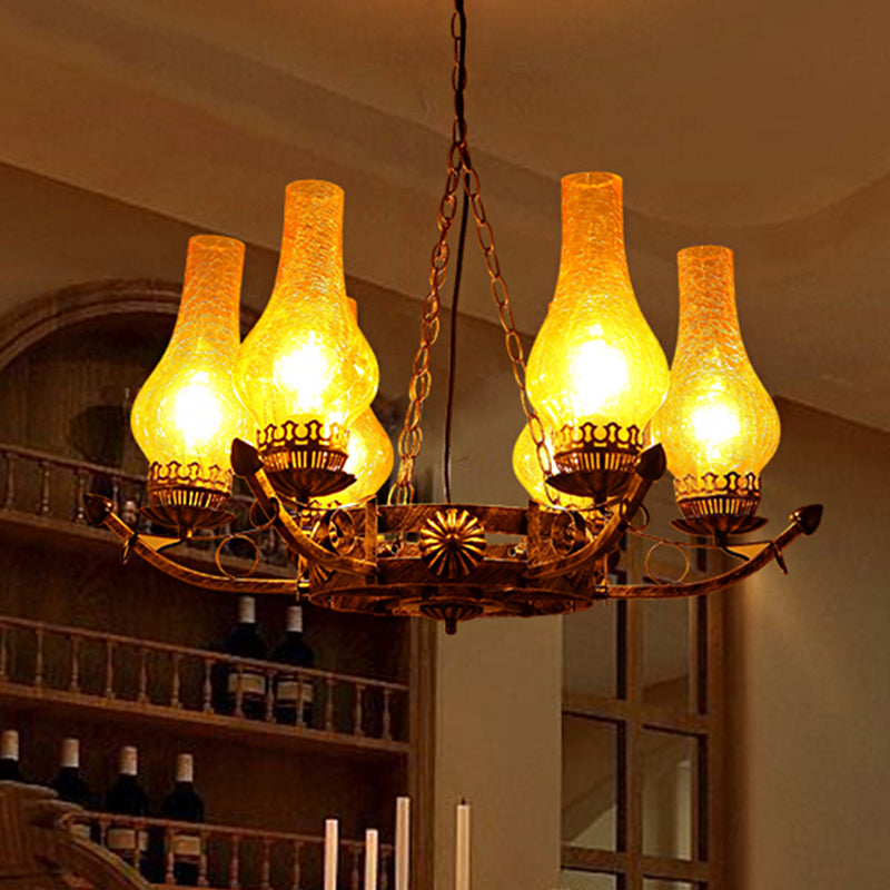 6-Light Crackle Glass Hanging Chandelier Traditional Beige Vase Living Room Pendant Light Fixture Clearhalo 'Ceiling Lights' 'Chandeliers' 'Glass shade' 'Glass' 'Pendant Lights' Lighting' 237451
