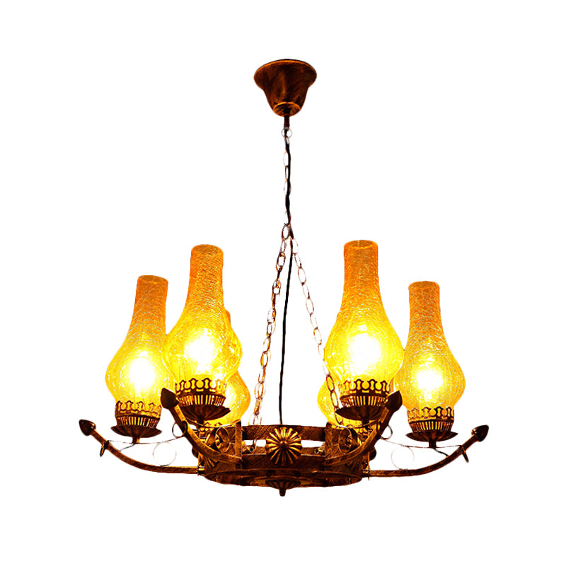 6-Light Crackle Glass Hanging Chandelier Traditional Beige Vase Living Room Pendant Light Fixture Clearhalo 'Ceiling Lights' 'Chandeliers' 'Glass shade' 'Glass' 'Pendant Lights' Lighting' 237452