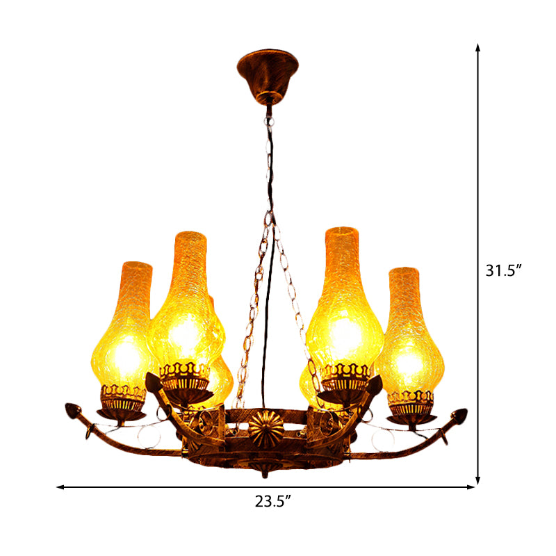 6-Light Crackle Glass Hanging Chandelier Traditional Beige Vase Living Room Pendant Light Fixture Clearhalo 'Ceiling Lights' 'Chandeliers' 'Glass shade' 'Glass' 'Pendant Lights' Lighting' 237453