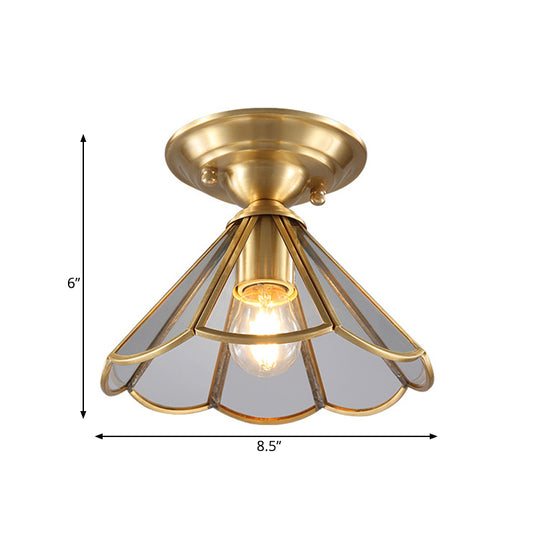 Gold Tapered Semi Flush Mount Traditional 1 Head Clear Glass Ceiling Mounted Light for Living Room Clearhalo 'Ceiling Lights' 'Close To Ceiling Lights' 'Close to ceiling' 'Glass shade' 'Glass' 'Semi-flushmount' Lighting' 237477